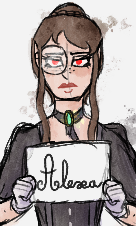 Female character with red eyes holding a sign with 'Alexa' on a light gray background. Character is from 'The Vampires of Yeeting Hill'