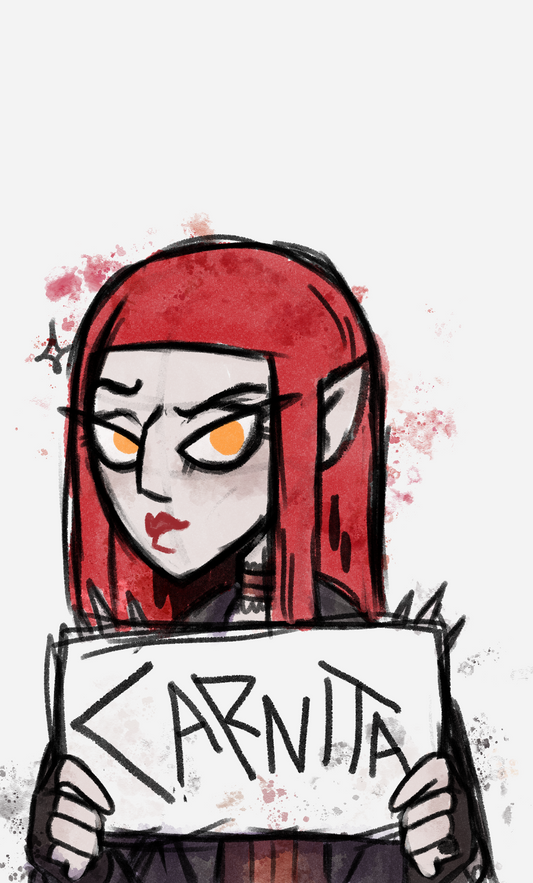 Character with red hair and a sign reading 'Carnita' on a white background. Character is from 'The Vampires of Yeeting Hill'