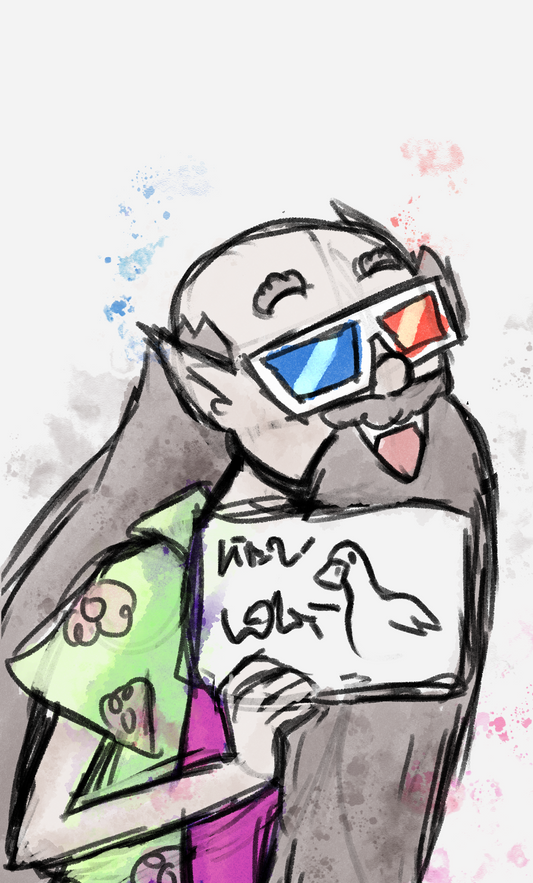 Old character with 3D glasses and a long beard holding a sign that shows the doodle of a goose. There are colorful splashes and he is wearing a Hawaiian shirt. Character is from 'The Vampires of Yeeting Hill'
