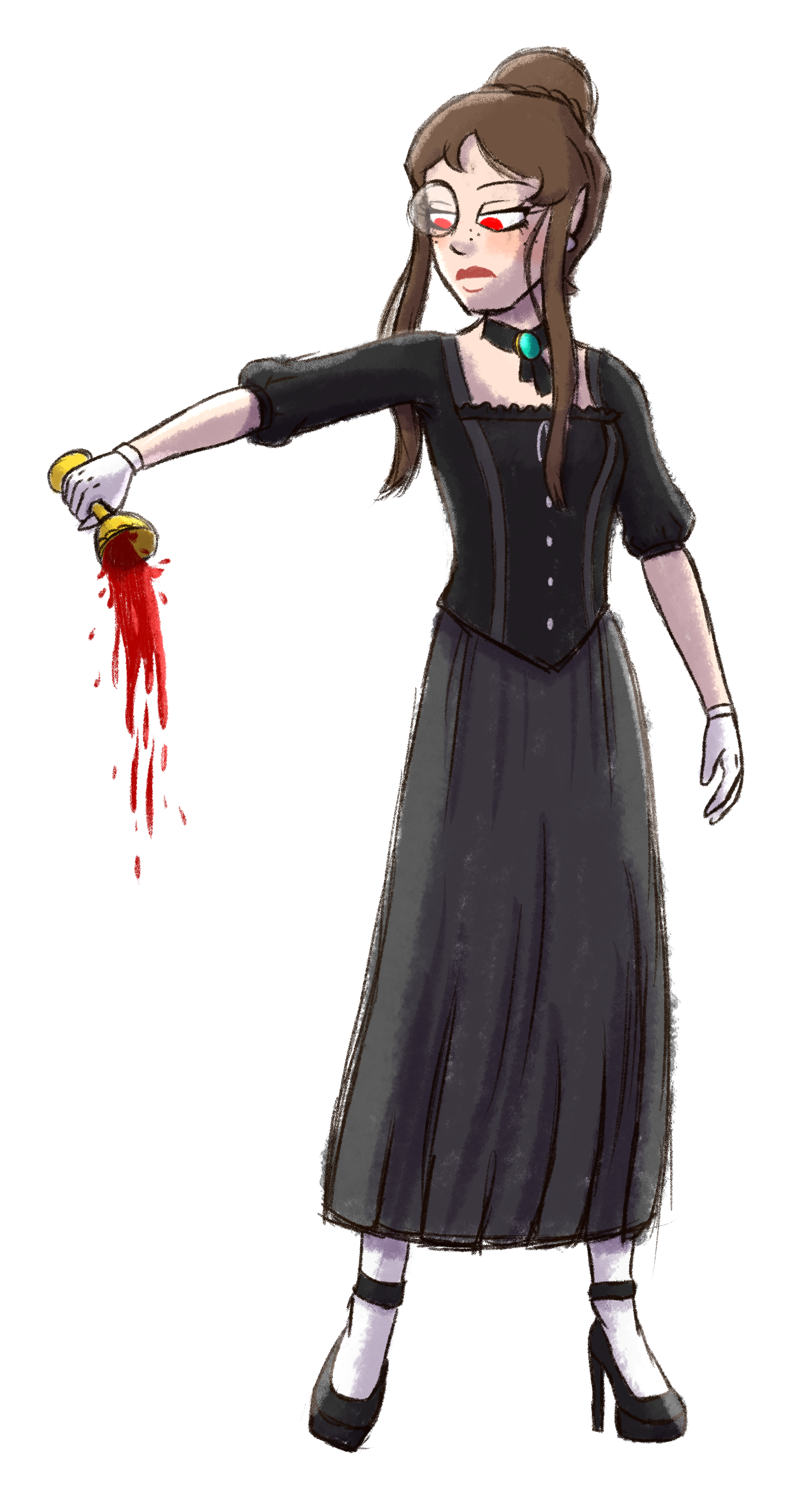Cartoonish vampire in a black dress holding a cup of blood, on a white background. From the book The Vampires of Yeeting Hill by Lisa Candel