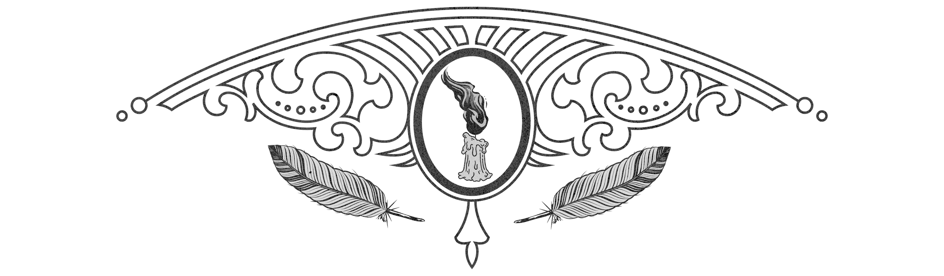 Decorative black and white emblem with feathers and a central design element on a white background