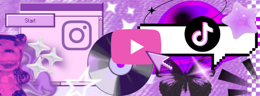 Decorative graphic with social media icons and a 'Start' button on a purple background.