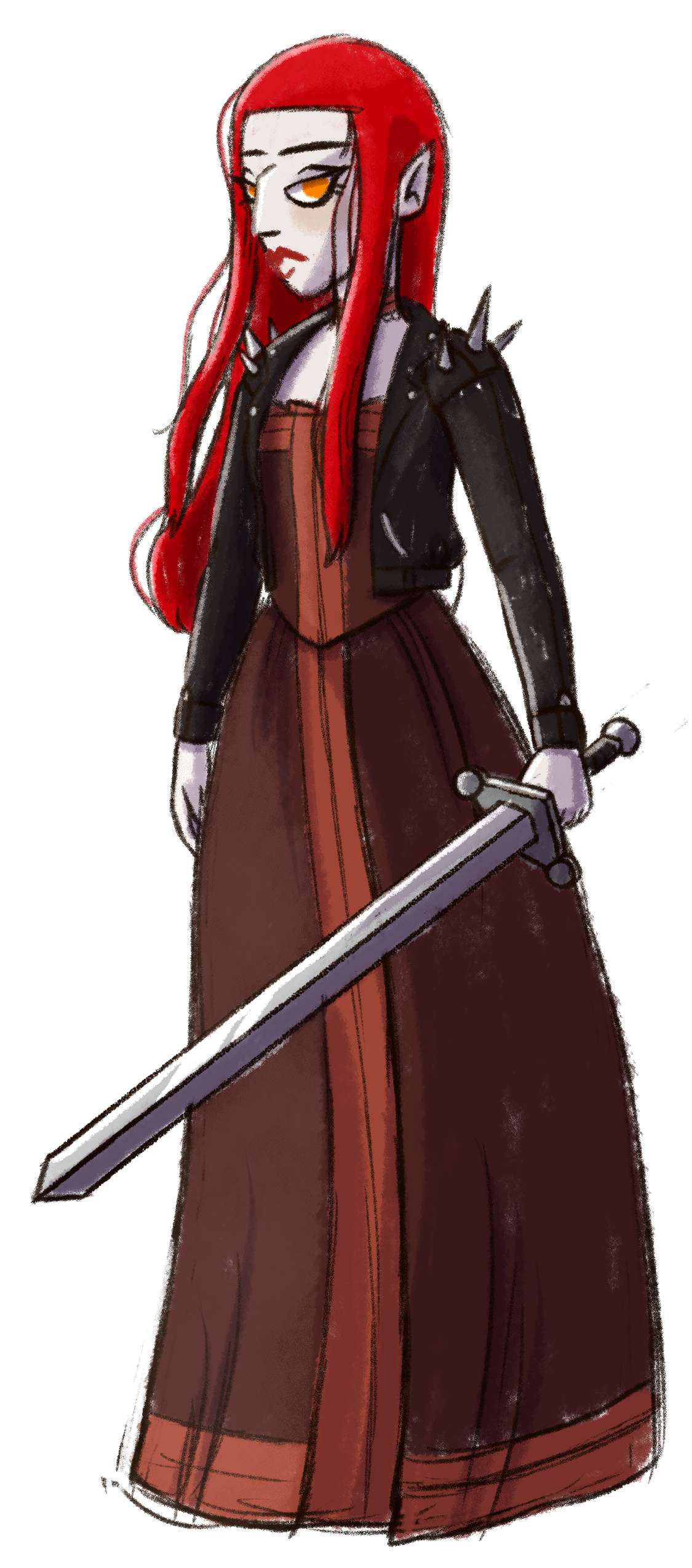 Cartoonish vampire with red hair holding a sword in a red victorian dress with a leather jacket. From the book The Vampires of Yeeting Hill by Lisa Candel