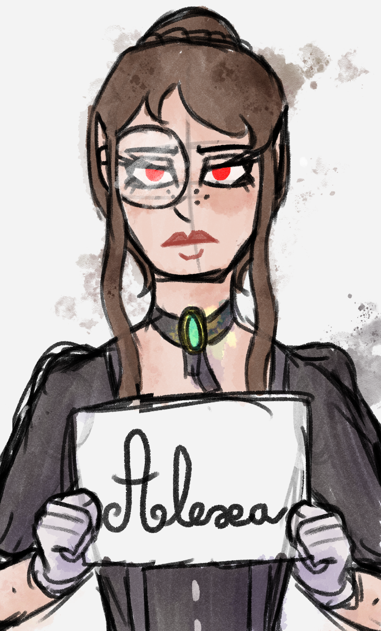 Female character with red eyes holding a sign with 'Alexa' on a light gray background. Character is from 'The Vampires of Yeeting Hill'