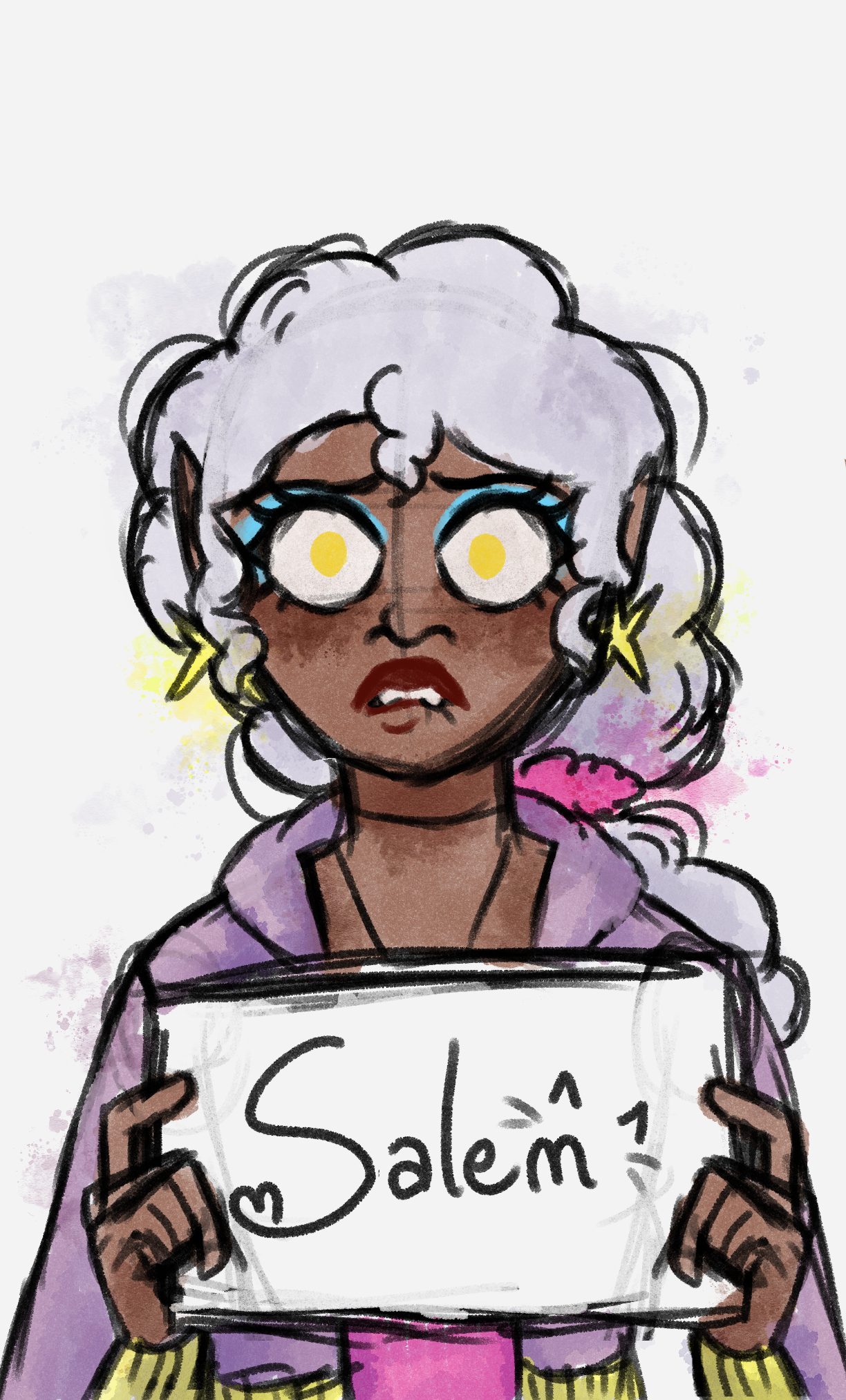 Black character with white hair holding a sign with 'Salem' on it against a white background. Character is from 'The Vampires of Yeeting Hill'