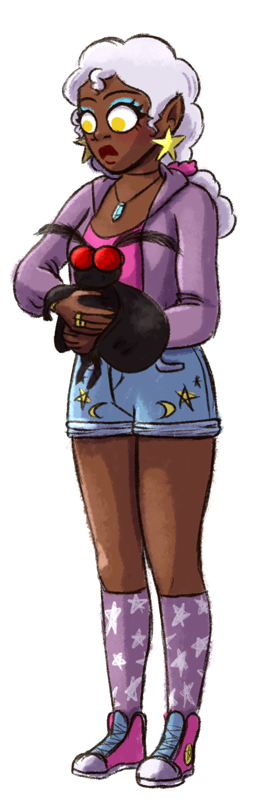 Cartoonish black vampire with white hair, purple outfit, and star-patterned shoes on a white background. From the book The Vampires of Yeeting Hill by Lisa Candel