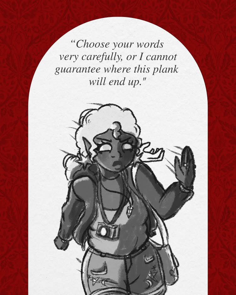 Black cartoon character with a serious expression and text on a red background.
Character from 'The Vampires of Yeeting Hill' by indie author Lisa Candel.