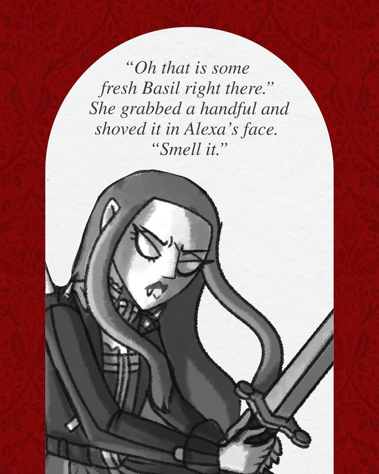 Cartoon character with a sword on a red background with text.
Character from 'The Vampires of Yeeting Hill' by indie author Lisa Candel.