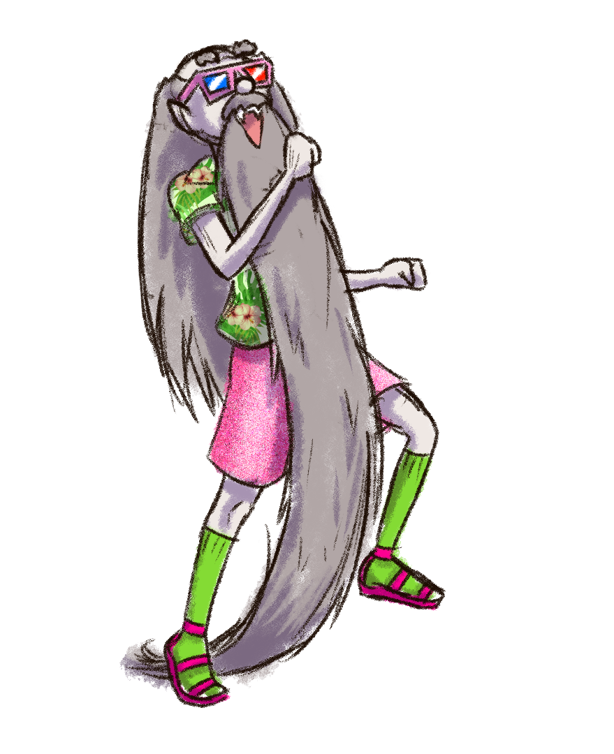 Cartoonish vampire with long gray hair, colourful outfit, and 3D glasses on a white background